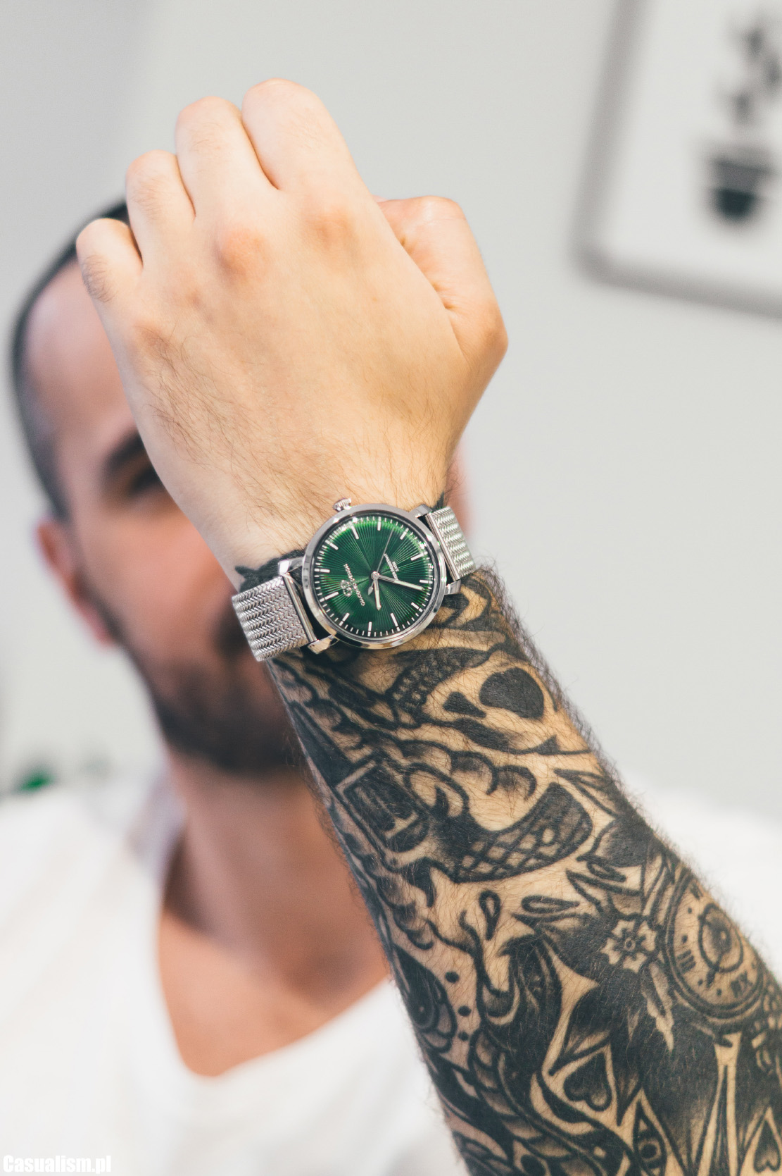 zegarek giacomo design, giacomo design, zegarek męski zielony, zielona tarcza zegarka, zegarek retro, retro zegarek dla faceta, bransoletka mesh, vans oldskool